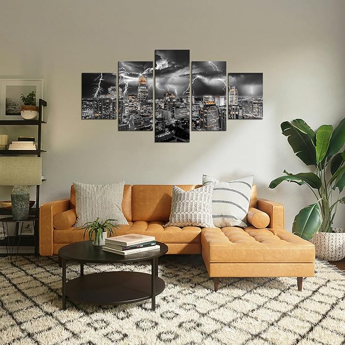 Cawpom Charlotte Wall Decor Charlotte City Skyline Wall Art Black and White Pictures Lightning Storm Canvas Print North Carolina Painting Poster Frame Home Living Room Decoration(60x32 inches)