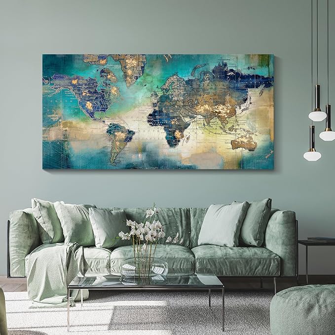 Large World Map Canvas Prints Wall Art for Living Room Office 30x60 Green World Map Picture Artwork Decor for Home Decoration