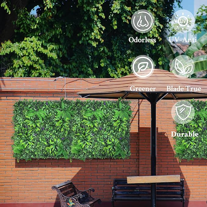 Artificial Greenery Wall Panels: 20''x 20'' 4P UV-Anti Faux Greennery Grass Wall Privacy Backdrop Fence Screen for Garden Fence Covering Privacy, Outdoor Indoor Home Decor