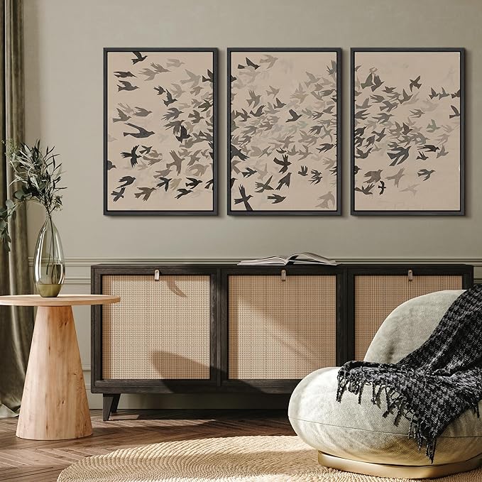 MUDECOR Framed Wall Art Print Set Minimalist Subtle Birds in Motion Illustrations Modern Art Boho Decorative Colorful Chic for Living Room, Bedroom, Office - 24"x36"x3 Black