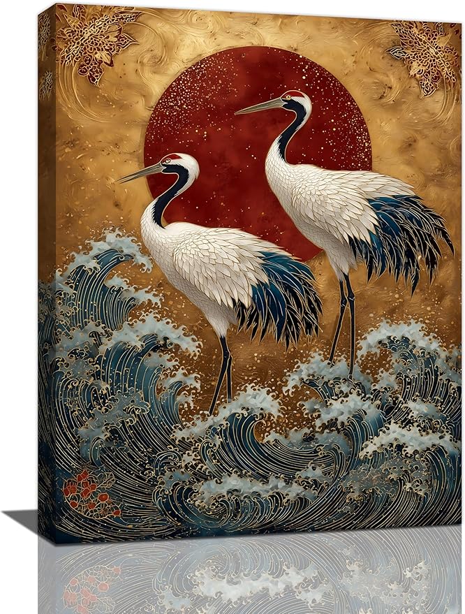 Japanese Crane Wall Art Gold Oriental Asian Wall Decor Sandhill Crane Canvas Pictures Paintings Prints Japan Traditional Aesthetic Artwork Framed Chinese Decorations For Bedroom Living Room Office Gifts 12" x 16"