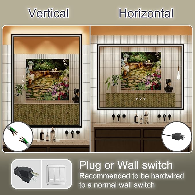 40x30 Inch Black LED Bathroom Mirror with Front and Back Lights, Adjustable 3000K/4500K/6000K, Wall-Mounted Framed Lighted Bathroom Vanity Mirrors, Anti-Fog, Dimmable, Horizontal/Vertical