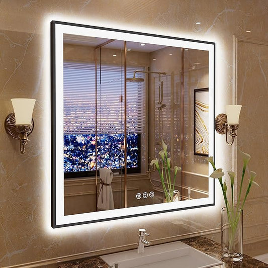 36x36 LED Vanity Mirror for Bathroom - Square Framed Dimmable Illuminated Mirror with Backlit and Front Light, Anti-Fog, Shatterproof, Memory, 3 Colors (Horizontal/Vertical)