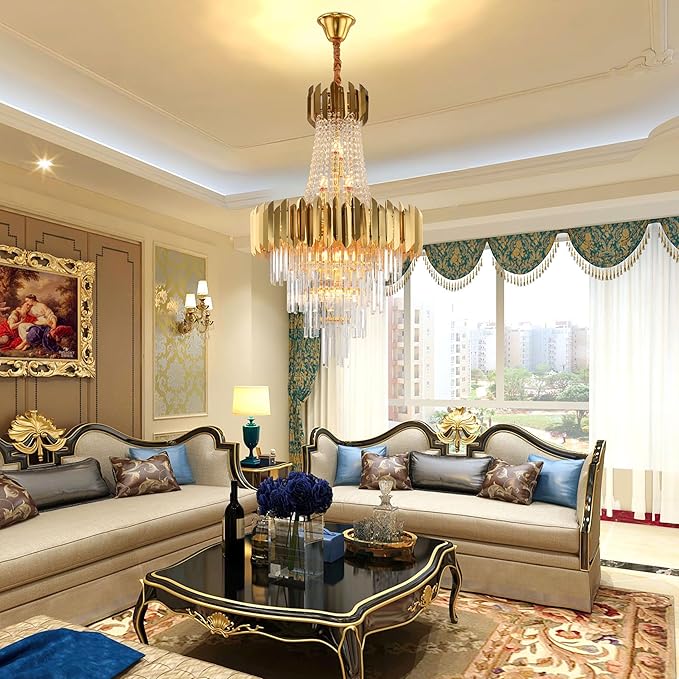 KoKo&Yukina 16-Light Gold Crystal Chandeliers French Empire Crystal Chandelier Gold Modern Farmhouse Chandeliers Light Fixture for Bedroom Hallway High Ceiling Staircase Chandelier D23.6