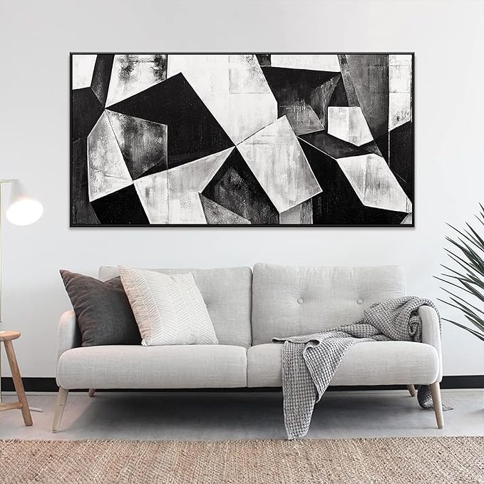 Large Abstract Wall Art Black And White Wall Art Geometric Color Block Line Wall Painting Artwork Canvas Art Wall Decor Simple Picture Artwork For Living Room Bedroom Office Home Wall Decor 29"X 58"With Framed