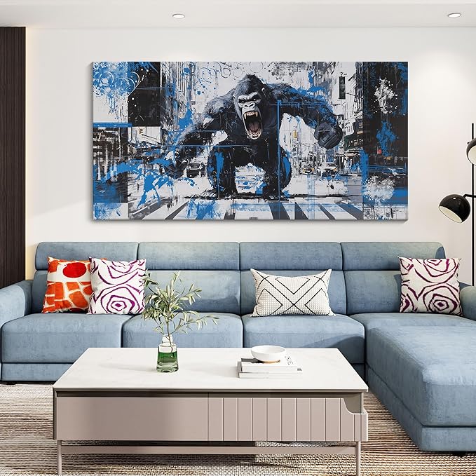 JEAWA Large Canvas Wall Art, Funny Angry Gorilla Abstract City Street Graffiti Pop Paintings Black and White Modern Picture for Living Room Bedroom Men Teenage Study Home Office Decor 24x48 IN