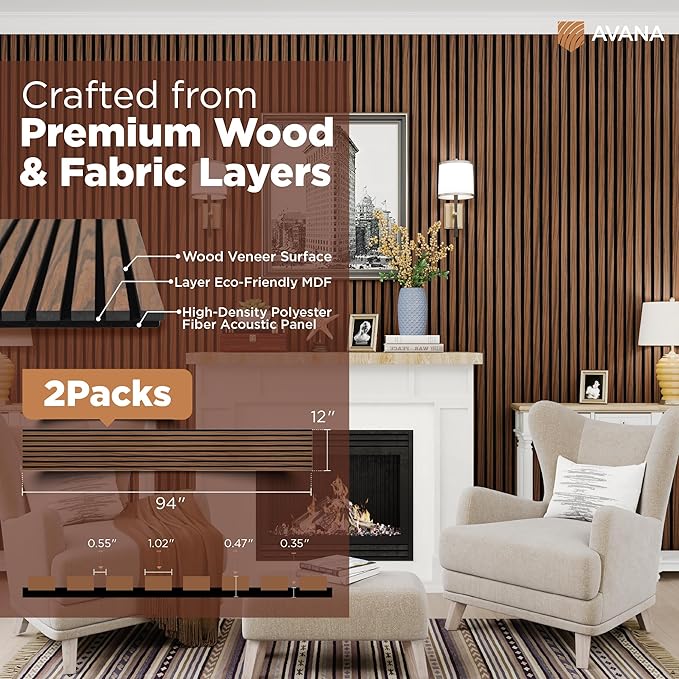 Avana Acoustic Wood Wall Panels – 94.4 x 12.6 Inch Rustic Walnut Acoustic Panels 2 PCs – Wall Panels For Interior Wall Decor For Homes, Offices, Studios – Sturdy and Durable Wood Panels For Wall