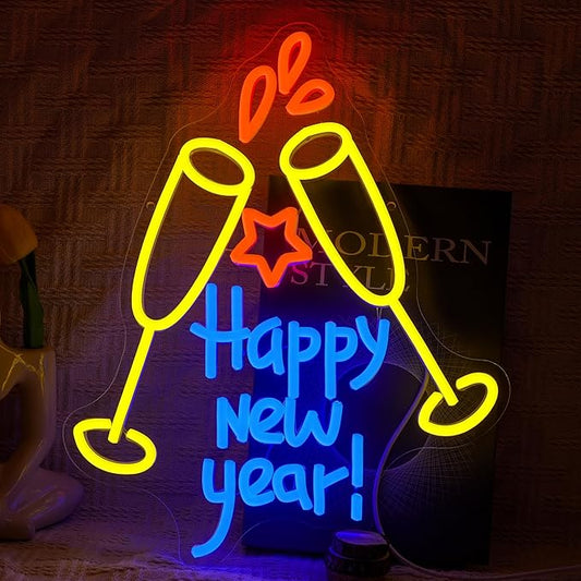 Happy New Year Neon Sign for Wall Decor Dimmable Champagne Cheers Neon Light Sign for New Year’s Eve Party Christmas Holiday Celebrate Bar Home