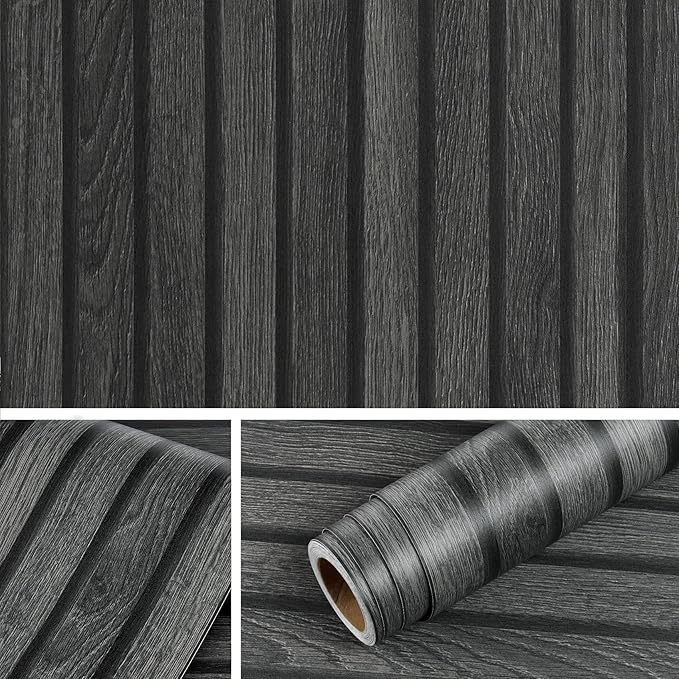Livelynine Black Wood Slat Wallpaper Peel and Stick Black Faux Beadboard Wallpaper Renter Friendly Waterproof Wall Paper Modern Slate Contact Paper 15.8x78.8 3D Textured Wood Slat Wall Panel Roll