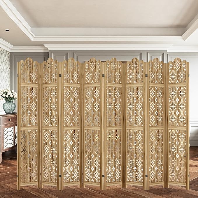 Casaphoria 8 Panels Room Divider, Folding Screen Room Divider with Copper Coin Pattern for Home Office, Restaurant and Bedroom, Paulownia Wood, 127" W x 67" H (Natural)