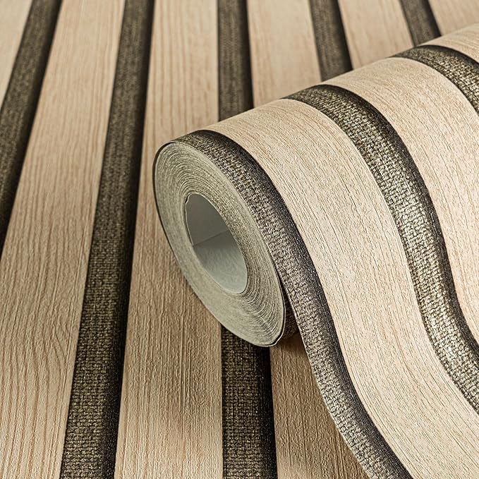 A.S. Création Non-Woven Wallpaper with Wall Panel Motif with Metallic Effect 0,53 x 10,05 m - Beige Brown Gold Metallic - Wood Look Wallpaper Made in Germany - 786651