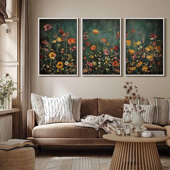 MUDECOR Framed Wall Art Print Set Vintage Wildflower Meadow with Colorful Blooms Illustrations Modern Art Boho Decorative Colorful Chic for Living Room, Bedroom, Office - 24"x36"x3 White