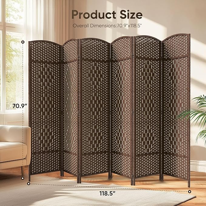 JOSTYLE Room Divider 6ft. Tall Extra Wide Privacy Screen, Folding Privacy Screens with Diamond Double-Weave Room dividers and Freestanding Room Dividers Privacy Screens(Brown, 6-Panel)