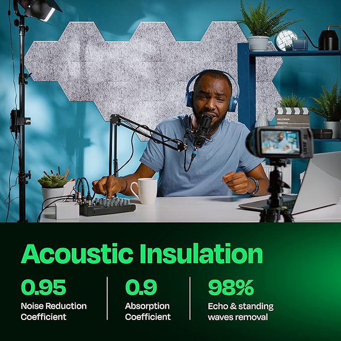 Acoustic Panels 12-Pack Soundproof Wall Panels 12"X10.4"X0.4" Sound Panels High Density Sound Dampening Panels - [Smoky White Hexagon]