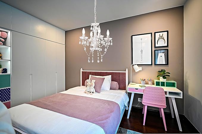 LaLuLa White Chandelier Mini Crystal Chandelier Lighting Hardwired Small Acrylic Chandelier 4 Light Modern Pendant Light Fixtures for Bedroom