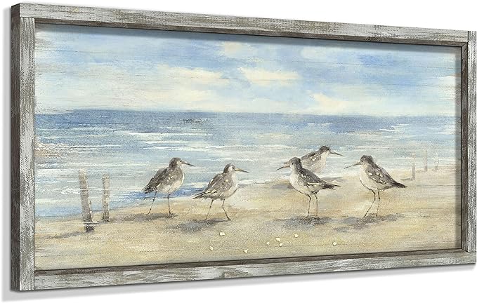 Ocean Framed Painting Wall Decor: 32"x16" Abstract Coastal Wall Art Seagulls Oil Painting Style Seascape Artwork Beach Picture Printed on Wood for Living Room