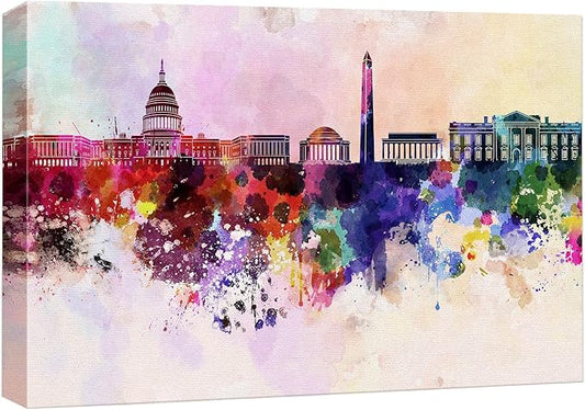 wall26 Canvas Prints Wall Art - Washington Dc Skyline in Watercolor Background | Modern Wall Decor/Home Decoration Stretched Gallery Canvas Wrap Giclee Print. Ready to Hang - 16" x 24'