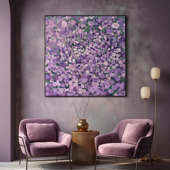 36"x36" Large Framed Wall Art Purple Blossom Burst Abstract Floral Impressionist Violet Flower Field (Frame Assembly Required)
