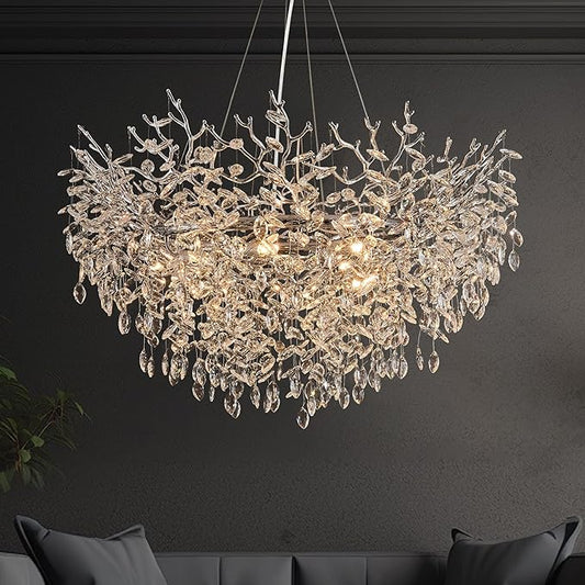 Modern Crystal Chandelier for Dining Room, 39.5" Chrome Tree Branch Chandeliers, 12-Light Luxury K9 Crystal Round Chandeliers for Kitchen Island Living Room