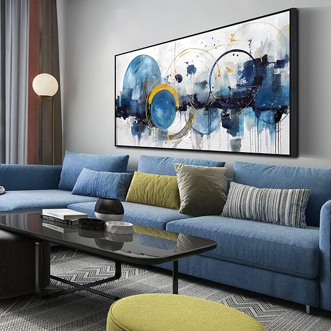 Blue Abstract Canvas Wall Art Bedroom - Office Artwork Wall Decor - Large Framed Wall Art for Living Room Ready to Hang Size 29" x 59"