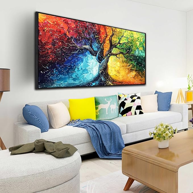 Colorful Tree Canvas Wall Art Living Room - Girl Bedroom Decor with Black Framed Ready to Hang Size 29" x 59"
