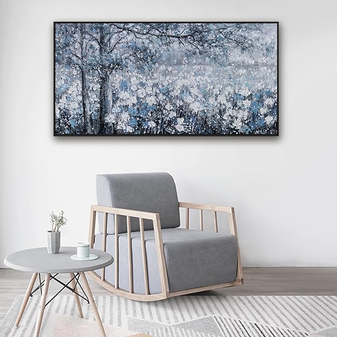 Canvas Wall Art Print Paintings Blue And White Abstract Tree Flower Landscape Home Prints Decor Framed Ready To Hang For Living Room Bedroom And Office Home Kitchen Artwork 20"×40"