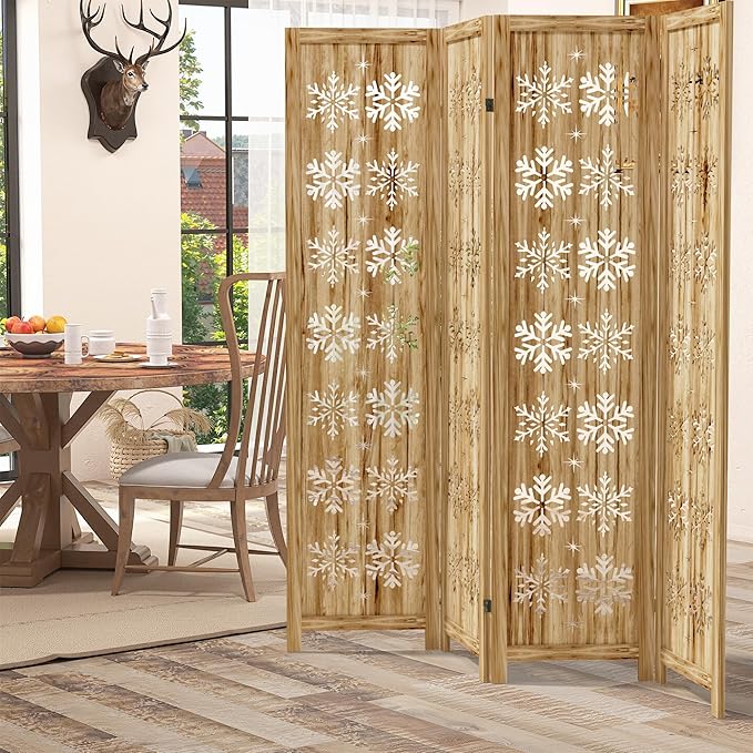 Casaphoria 4 Panels Room Divider, Folding Screen Room Divider with Snowflake Pattern for Home Office, Restaurant and Bedroom, Paulownia Wood, 66" W x 67" H (Natural)