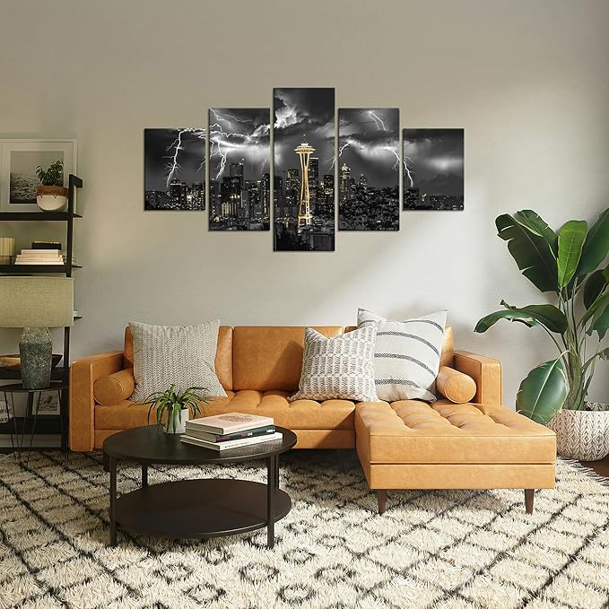 Cawpom Seattle Wall Art Seattle Space Needle Picture Frame Lightning Strikes Storm City Wall Decor Black and White Gold Canvas Print Washington Painting Poster Home Decoration(60x32 inches)