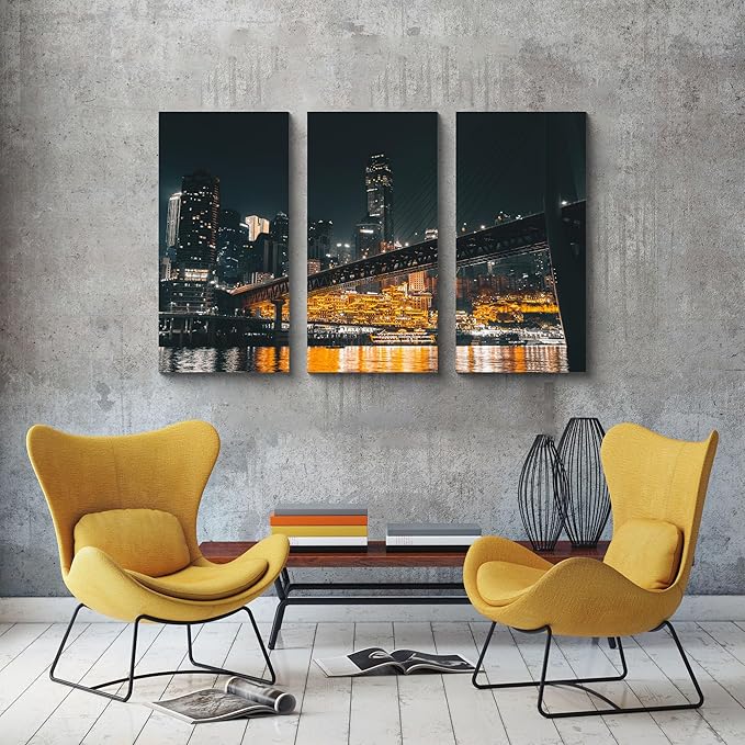 NAN Wind 3PCS Chongqing City Nightscape Canvas Wall Art Illuminated Chinese Skyline with Bridge Skyscrapers Modern Urban Landscape Photography Print for Living Room Office Bedroom Decor