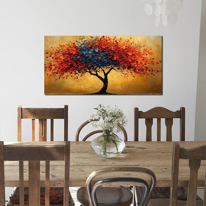 CANEITO Tree Wall Art for Living Room, Red Blue and Gold Wall-Decor for Bedroom, Natural Canvas Prints Pictures for Hallway Office, Size 40x20 Inches