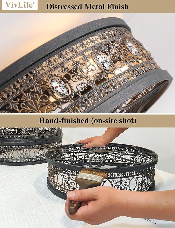 24" Vintage Crystal Chandelier Fan, Luxury Art Deco Flush Mount Fandelier with Lights and Remote, Rustic Enclosed Bladeless Ceiling Fan for Living Room, Dining Room, Large Bedrooms