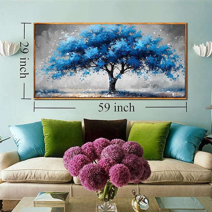 Ouzzlie Tree Wall Decor Light Blue Wall Art for Living Room Gray Painting Large Artwork 29" x 59"