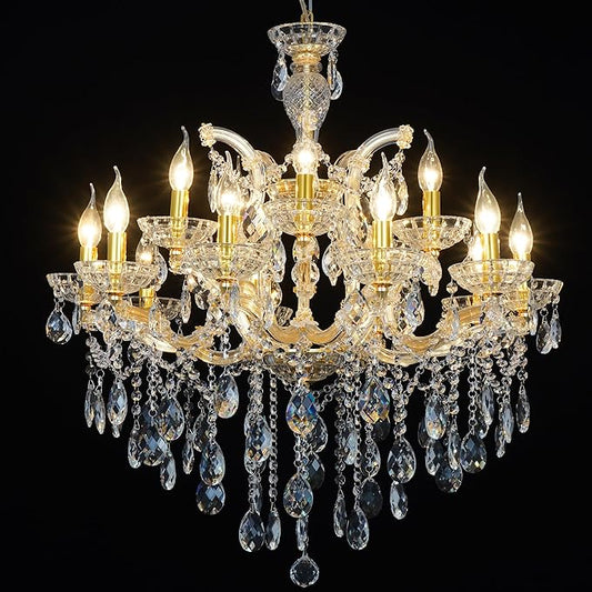 Modern Large Chandeliers Maria Theresa Crystal Chandelier for Dining Room, Living Room, Entryway, Staircase 2 Layers 15 Lights High Ceiling Pendant Lamp Luxury Chandelier D29.5 H28.7