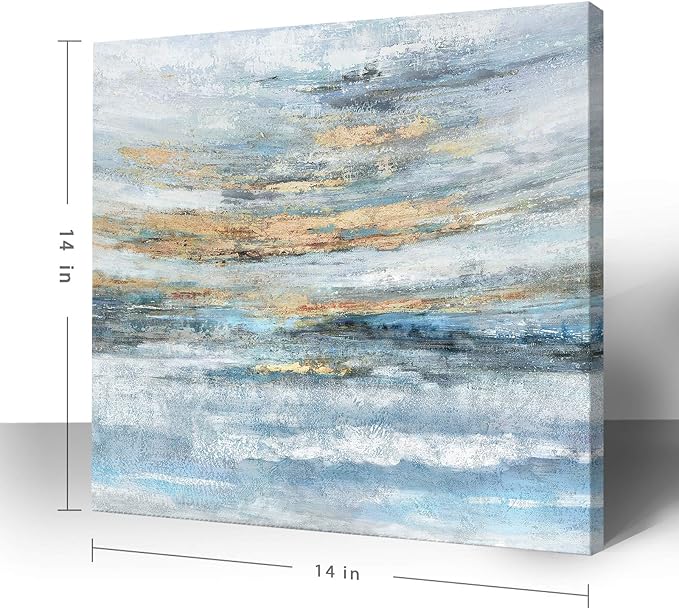 Nicetop Bathroom Wall Art Abstract Canvas Art Print Modern Blue Ocean Picture Small Coastal Sunset & Sunrise Artwork for Sea Lake Themed Home Bedroom Décor 13.3x13.3inch