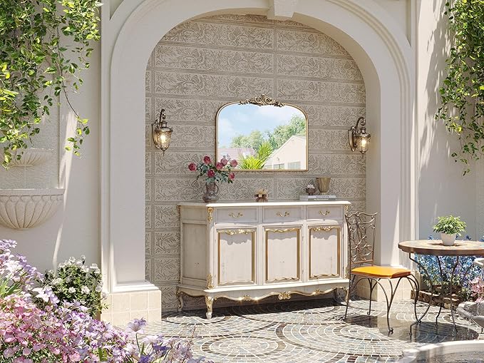 Arched Antique Wall Mirror, 32"x24" Wide Vintage Gold Bathroom Vanity Mirror, Ornate Arch Bronze Mirror for Over Sink/Fireplace/Entryway