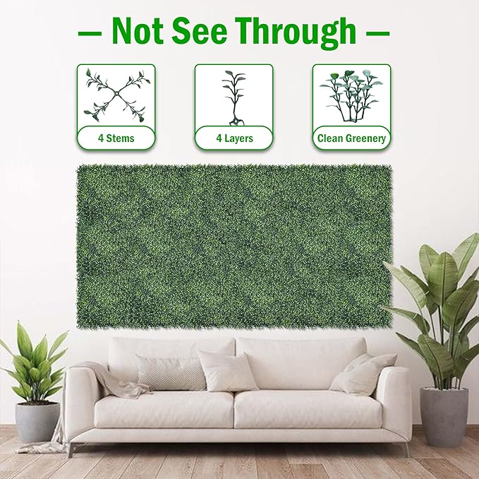 10x10Inch 12Pcs Grass Wall Panels, 4 Layers UV-Anti Boxwood Greenery Hedge with 50 Zip Ties, No Odor Artificial Fake Grass Backdrop for Indoor Outdoor Privacy, Birthday Wedding Decor, 8.3 SQ FT