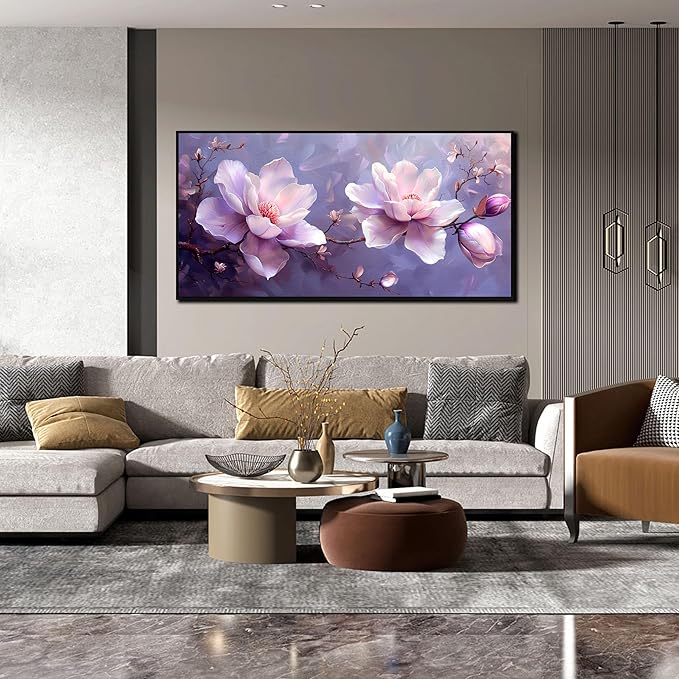 ANCXWOTER Modern Canvas Wall Art, 24x48, Purple Flower Botanical, Framed, Waterproof, Perfect for Living Room, Bedroom, Office, Bathroom
