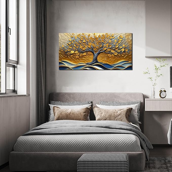 CANEITO Tree Wall Art for Living Room, Gold Wall-Decor for Bedroom, Modern Landscape Poster Canvas Print, Size 40x20 Inches