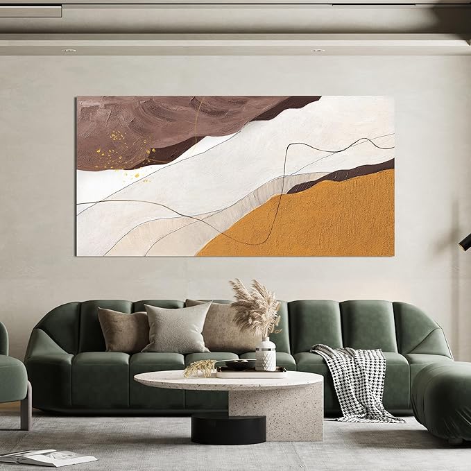 Canvas Abstract Wall Art Decor Minimalist White Wall Art Prints Abstract Canvas Art Wall Decor Large Modern Brown Wall Art Decorations Oversized Artwork for Walls Bedroom Office Wall Art Decor 29" X 58"