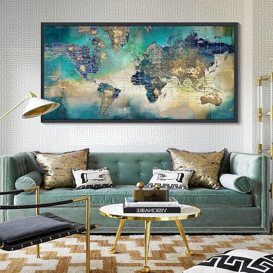 Large World Map Canvas Prints Wall Art for Living Room Office "29x58" Green World Map Picture Artwork Decor for Home Decoration Black Framed Wall Art