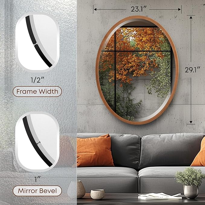 OVALCREST - Oval Wooden Beveled Wall Mirror for Home Decor, Bathroom, Vanity, Bedroom, Living Room, Hallway - London Style (Sunset Gold) 29.1 x 23.1