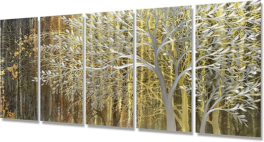 BATRENDY ARTS Gold Metal Wall Art Yellow and Brown Tree Sculpture Landscape Aluminium Panel Artwork Hangings for Living Room Decorations
