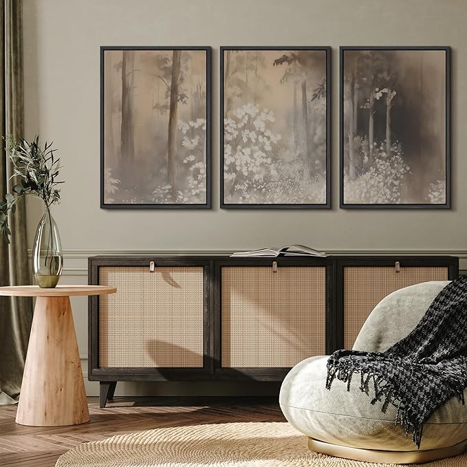 MUDECOR Framed Wall Art Print Set Neutral Forest Landscape Beige and Gray Watercolor Illustrations Realism Decorative for Living Room, Bedroom, Office - 24"x36"x3 Black