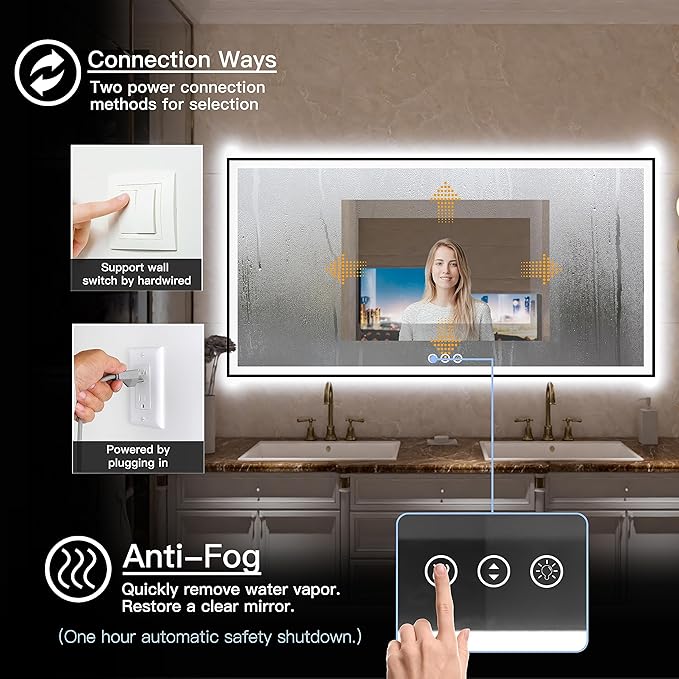 Large LED Bathroom Mirror 72x36 with Backlit and Front Lighted, Framed Dimmable Illuminated Mirror for Wall Anti-Fog Shatterproof (Horizontal/Vertical)
