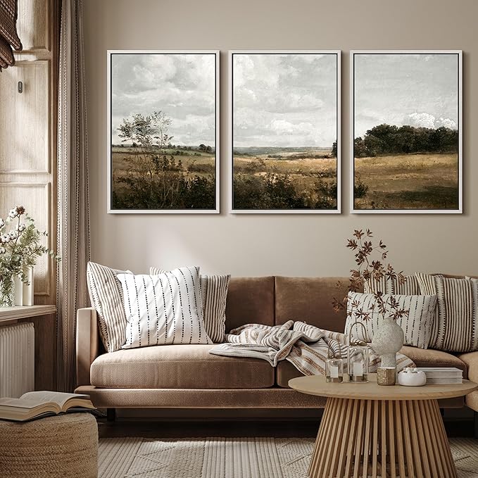 MUDECOR Framed Canvas Print Wall Art Rustic Fields Tranquil Countryside Landscape Nature Wilderness Illustrations Realism Decorative Panoramic Earth for Living Room, Bedroom, Office - 16"x24"x3 White