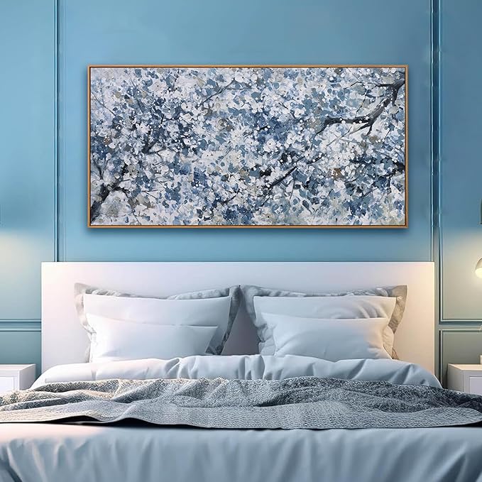 Canvas Wall Art Oil Painting Dark Blue And White Abstract Flower Tree Plants Wall Decor Pictures For Bedroom Canvas Botanical Wall Art Decorations Artwork For Living Room Home Office 20"×40"Framed