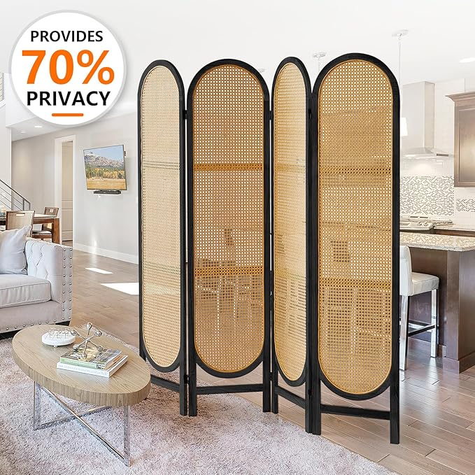 4 Panel Room Divider, Double Hinged Foldable Wooden Room Divider, Individual Privacy Screen Made of Hand-Woven Rattan, Portable Wall Divider for Home Office Bedroom Bathroom (Black Natural)