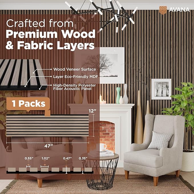 Avana Modern Acoustic Wood Wall Panels – 47.2 X 12.6 Inch Walnut Acoustic Panels 1 PC – Wall Panels For Interior Wall Decor For Homes, Offices, Studios – Sturdy And Durable Wood Panels For Wall