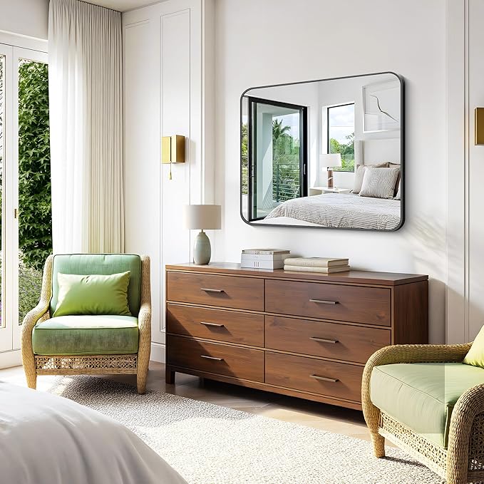 KOCUUY Bathroom Mirror 36"x40", Black Rectangle Mirrors for Wall, Large Metal Framed Vanity Mirror with Rounded Corner for Bedroom Living Room and Entryways Hangs Horizontal/Vertical