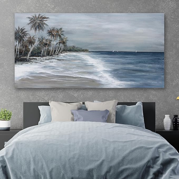 Coastal Wall Art Blue Gray Beach Wall Decor Landscape Abstract Canvas Painting Modern Ocean Artwork Framed for Living Room Bedroom Bathroom Office Decor 48"x24"Can Be Hung Directly